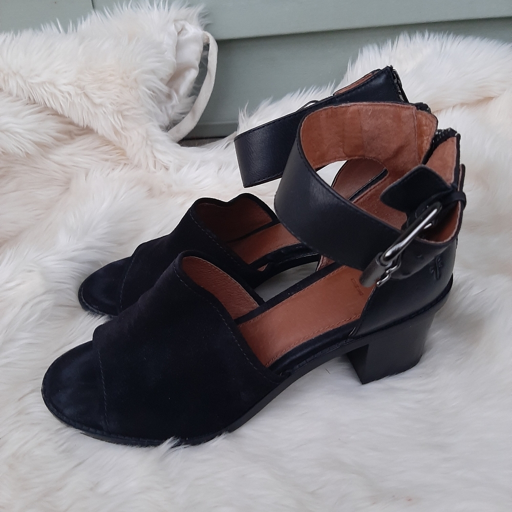 Frye Black Leather Suede heels Sz 9.5